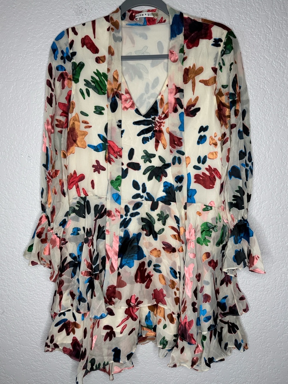 Alice + Olivia Moran Silk Blend Mini Dress Small Rainbow Floral Bell Sleeve - Picture 2 of 8